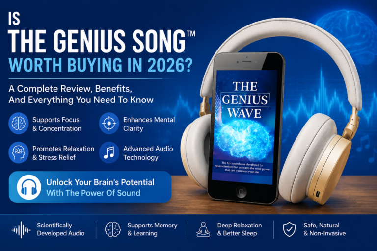 The Genius Song™ review featuring The Genius Wave audio and headphones for an audio-based wellness experience.