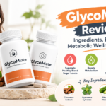 GlycoMute supplement bottles with a woman holding water, surrounded by natural ingredients, highlighting glucose support, metabolism, weight management, energy, and metabolic wellness.