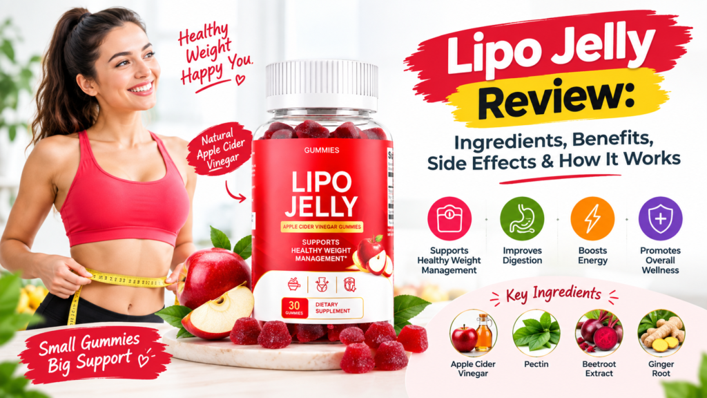 Lipo Jelly supplement gummies with apples and natural ingredients, featuring a woman measuring her waist and highlighting weight management, digestion, energy, and overall wellness.