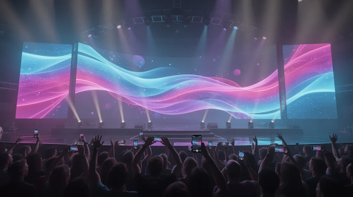 A wave-shaped flexible LED screen backdrop illuminating a concert stage