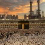 Holy Kaaba surrounded by Muslim pilgrims at Masjid al-Haram in Makkah, Saudi Arabia.