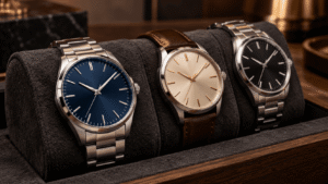 Elegant Wristwatch Trio on Suede Display (1)