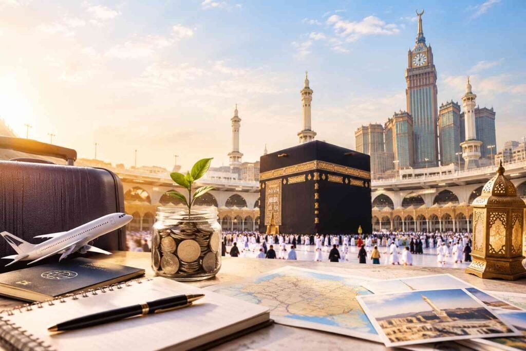 Kaaba in Makkah with travel essentials symbolising affordable Umrah planning.
