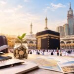 Kaaba in Makkah with travel essentials symbolising affordable Umrah planning.
