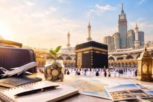 Kaaba in Makkah with travel essentials symbolising affordable Umrah planning.