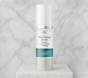 Total Package Serum facial skincare product for a daily routine targeting the appearance of fine lines and dryness