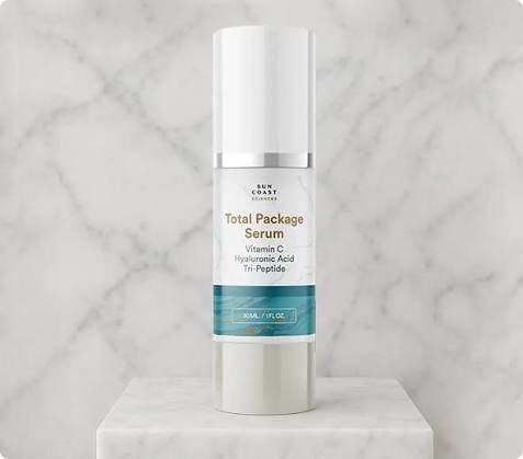 Total Package Serum facial skincare product for a daily routine targeting the appearance of fine lines and dryness