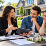 Professional real estate agent discussing home buying options and property details with potential buyers