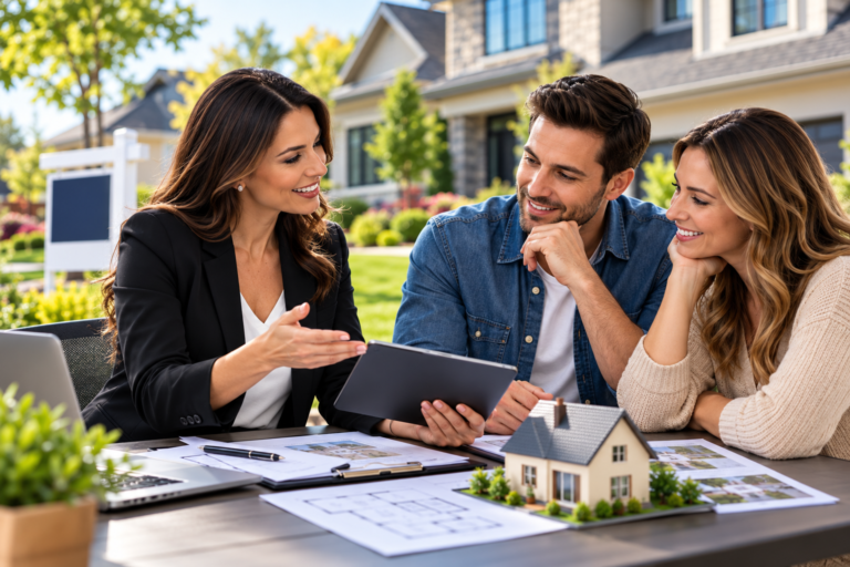 Professional real estate agent discussing home buying options and property details with potential buyers