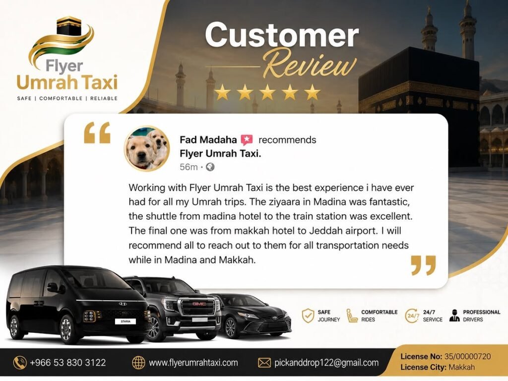 A family loading luggage into a large transport taxi for an affordable ride from Makkah to Jeddah."